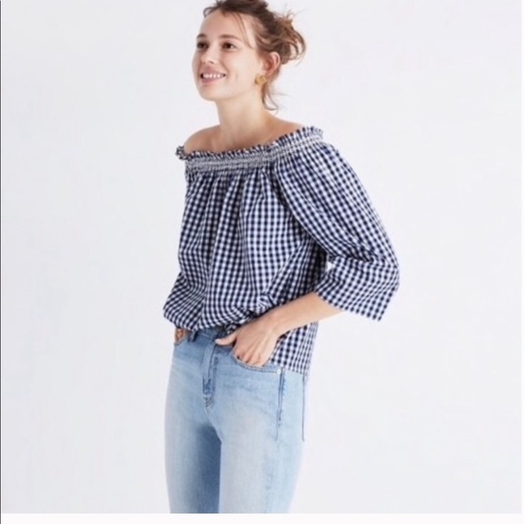 Madewell Tops - Madewell Blue Gingham Off the Shoulder Top